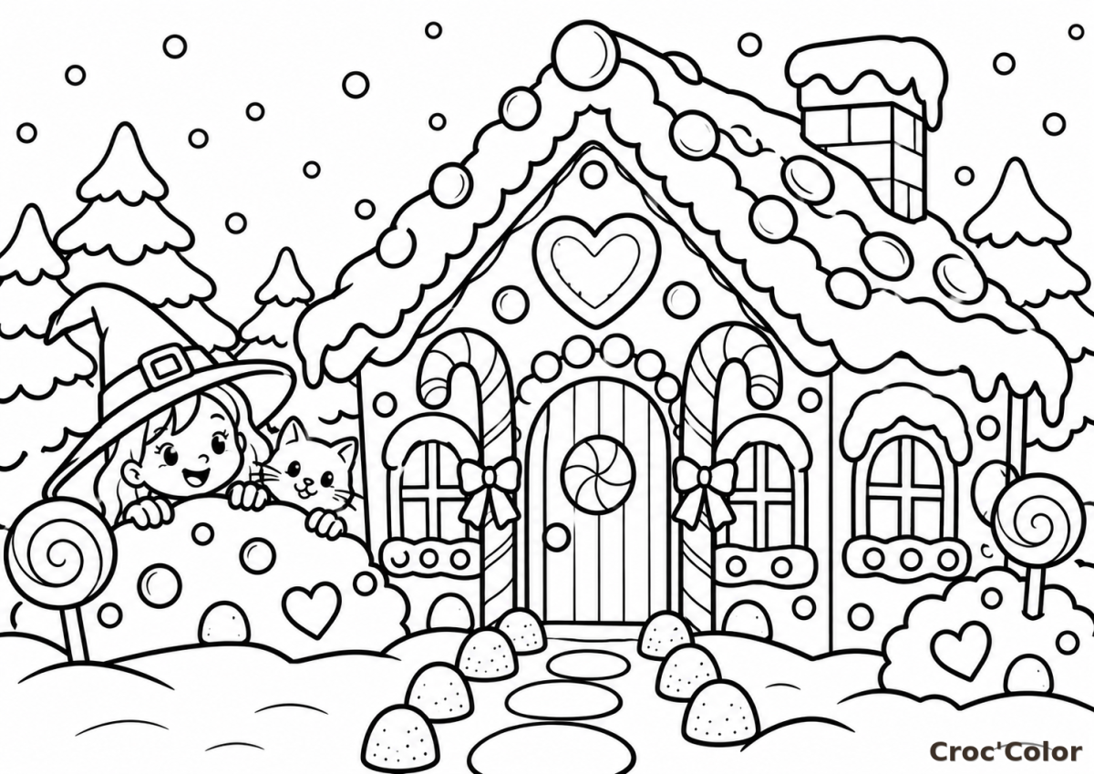 Coloriage Maison en Pain d'Épices et Sorcière Mignonne - Dessin Chalet Gourmand, Sucres d'Orge, Chat et Neige à Imprimer Gratuit