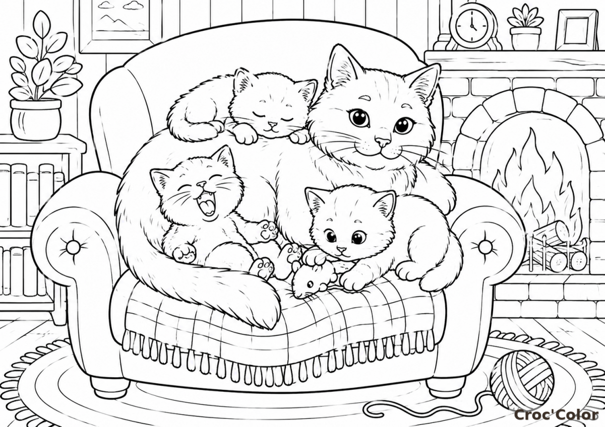 Coloriage Maman Chat et Chatons au Coin du Feu - Dessin Chats et Chemise à Imprimer Gratuit