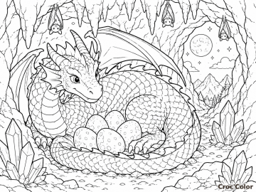 Coloriage Maman Dragon et ses Œufs dans la Grotte - Dessin Cristaux, Chauves-Souris et Pleine Lune à Imprimer Gratuit