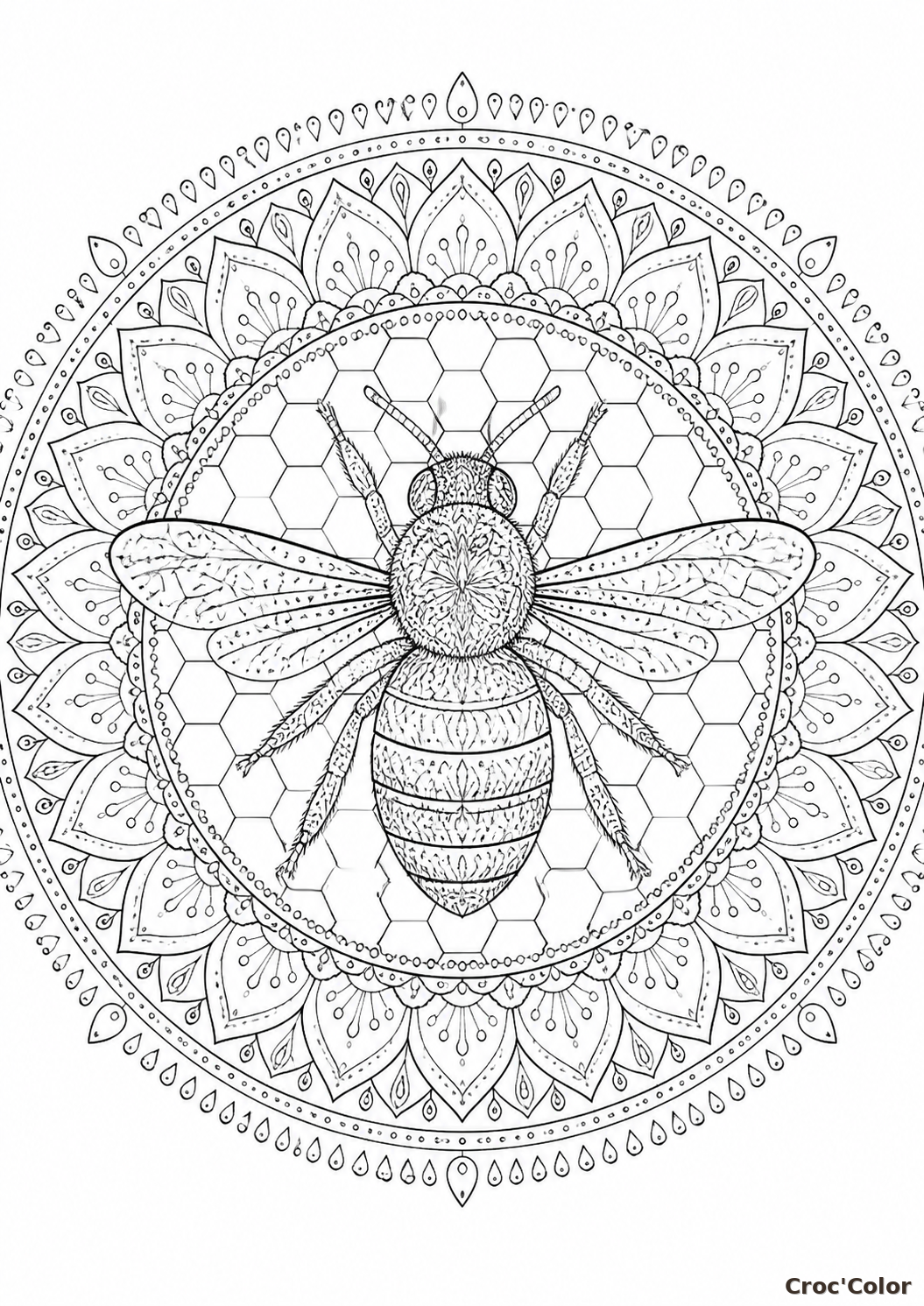Coloriage Mandala Abeille Difficile - Dessin Ruche et Insecte Zen à Imprimer