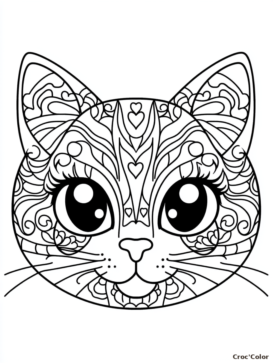 Coloriage Mandala Chat Facile - Dessin Tête de Chat avec Motifs à Imprimer Gratuit