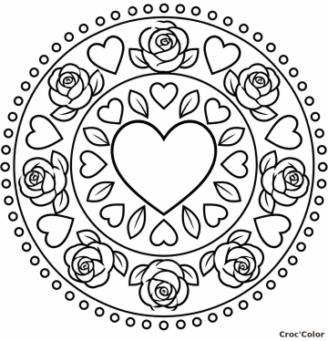 Coloriage Mandala Cœur et Roses Facile – Dessin Cœur Central, Couronne de Fleurs et Perles à Imprimer Gratuit