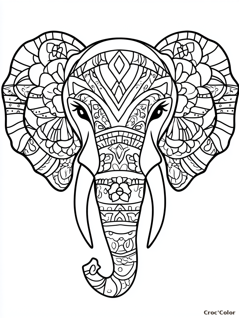 Coloriage Mandala Éléphant Difficile - Dessin Tête d'Éléphant Zen à Imprimer Gratuit