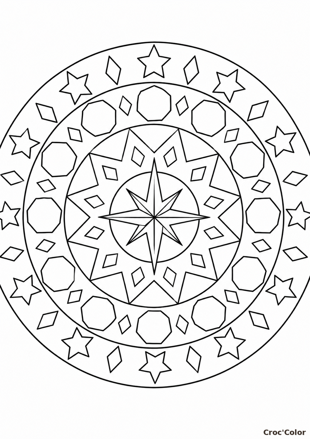 Coloriage Mandala Étoiles et Formes Géométriques - Dessin Rosace Symétrique Facile à Imprimer Gratuit