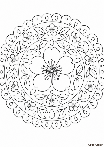 Coloriage Coloriage Mandala Fleur de Cerisier Facile – Dessin Rosace Japonaise Sakura, Feuilles et Dentelle à Imprimer Gratuit à imprimer