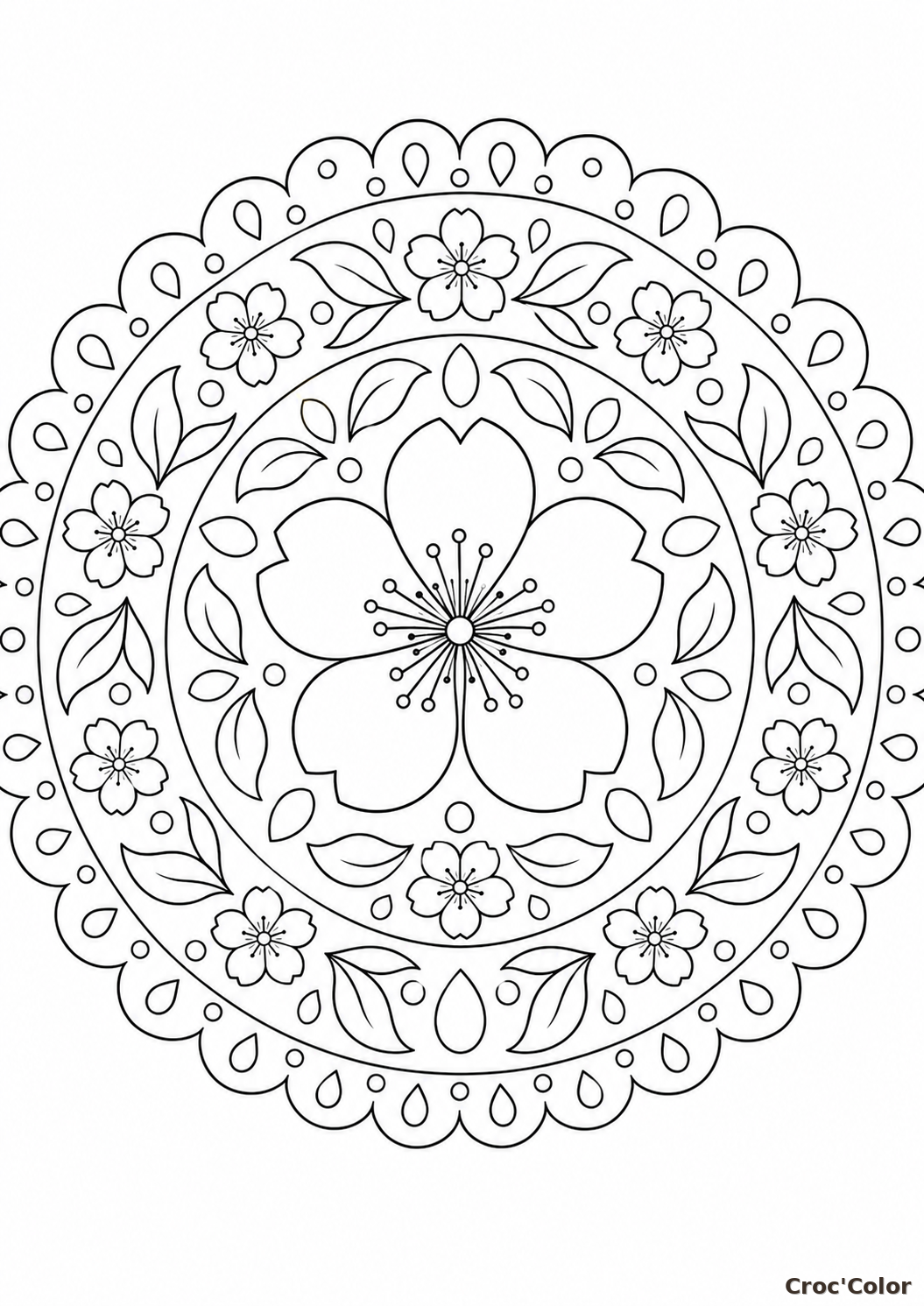 Coloriage Mandala Fleur de Cerisier Facile - Dessin Rosace Japonaise Sakura, Feuilles et Dentelle à Imprimer Gratuit