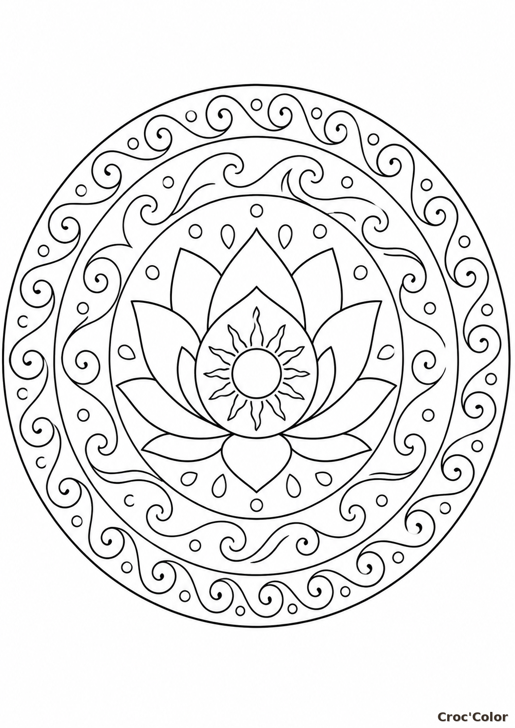 Coloriage Mandala Fleur de Lotus et Vagues - Dessin Rosace Zen et Méditation à Imprimer Gratuit