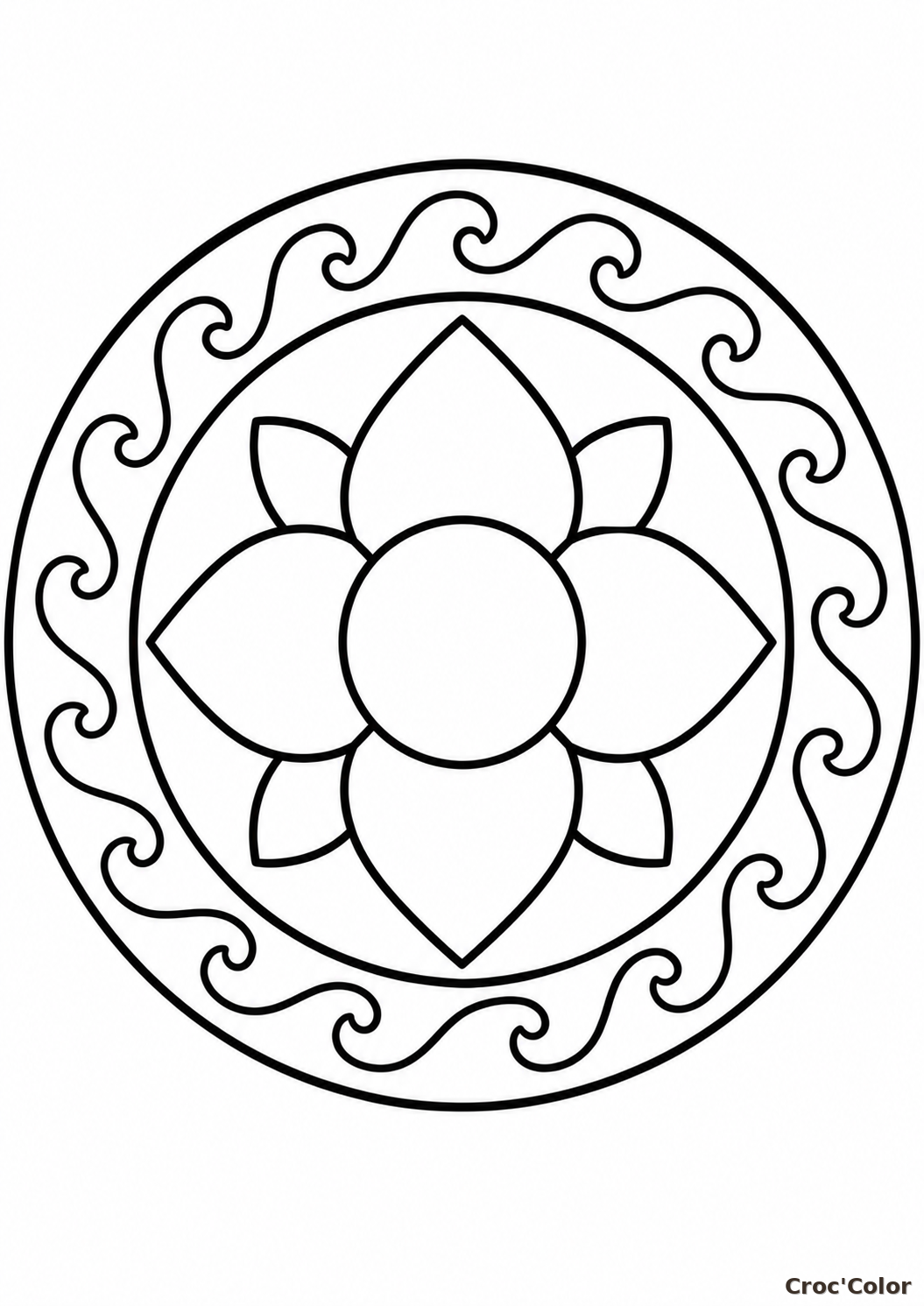 Coloriage Mandala Fleur et Vagues Facile - Dessin Rosace Circulaire Simple à Imprimer Gratuit