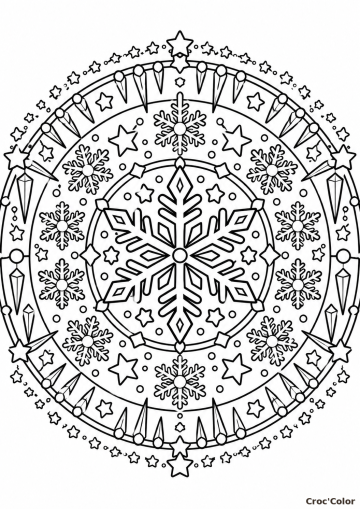 Coloriage Mandala Flocon de Neige Difficile – Dessin Étoiles, Stalactites et Motif Hivernal à Imprimer Gratuit