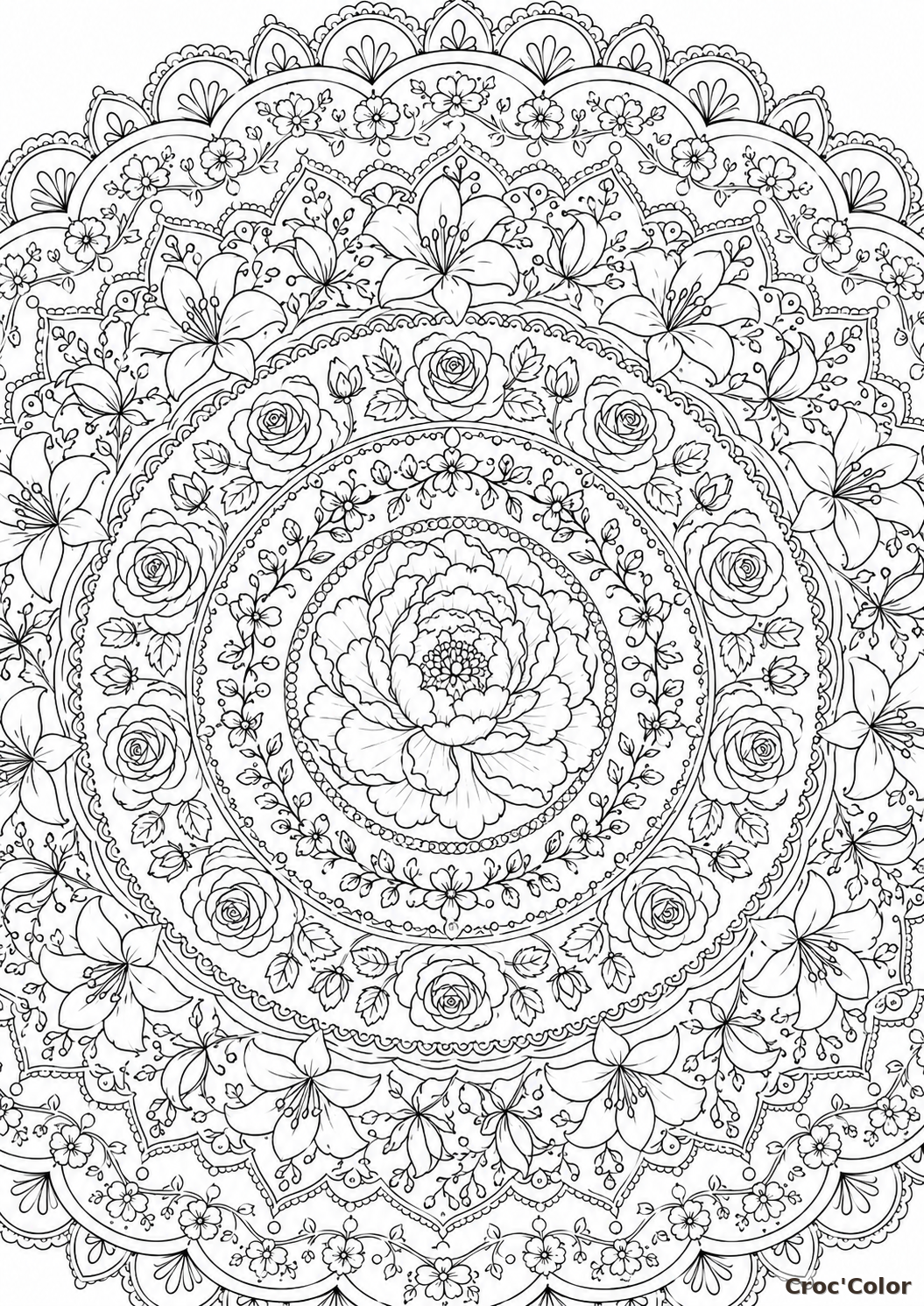 Coloriage Mandala Floral Complexe - Dessin Pivoine, Roses, Lys et Motifs Botaniques à Imprimer Gratuit