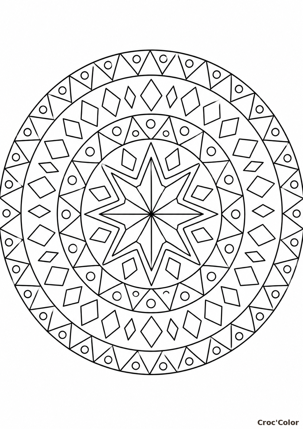 Coloriage Mandala Géométrique Ethnique - Dessin Étoile Centrale et Motifs Répétés à Imprimer Gratuit