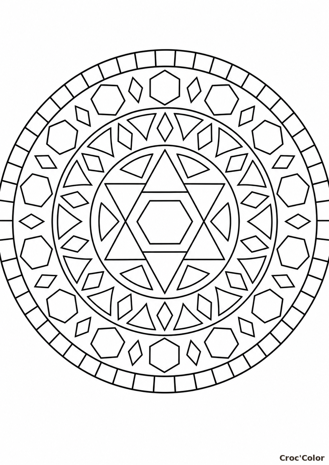 Coloriage Mandala Géométrique Étoile et Hexagones - Dessin Symétrique de Formes pour Enfant à Imprimer Gratuit