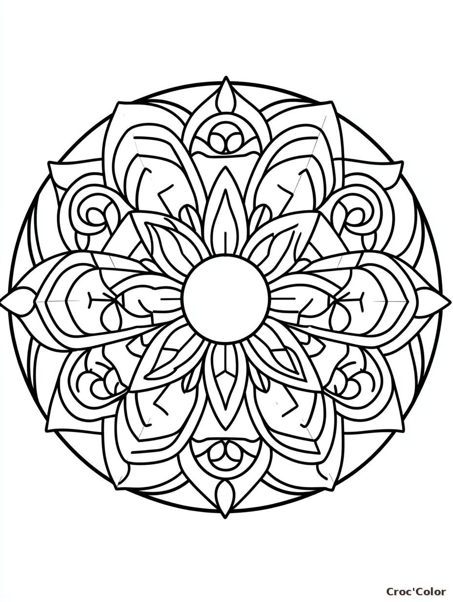 Coloriage Mandala Géométrique Facile - Dessin Rosace Fleur Simple à Imprimer Gratuit
