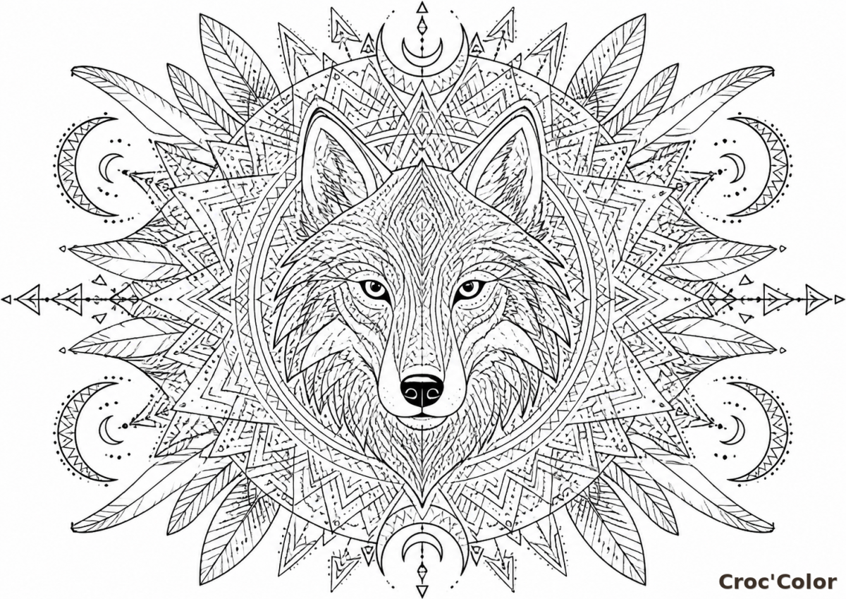Coloriage Mandala Loup Difficile - Dessin Tête de Loup Attrape-Rêves à Imprimer