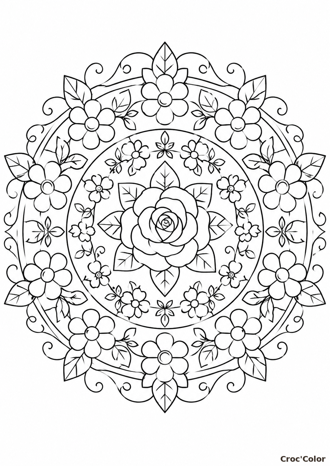 Coloriage Mandala Rose et Couronne de Fleurs - Dessin Rosace Florale à Imprimer Gratuit