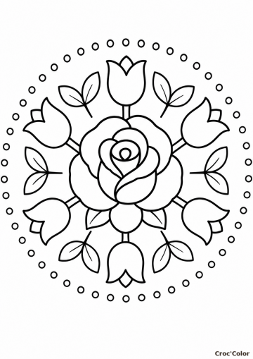 Coloriage Coloriage Mandala Rose et Tulipes Facile – Dessin Rosace Fleurie, Feuilles et Couronne de Perles à Imprimer Gratuit à imprimer