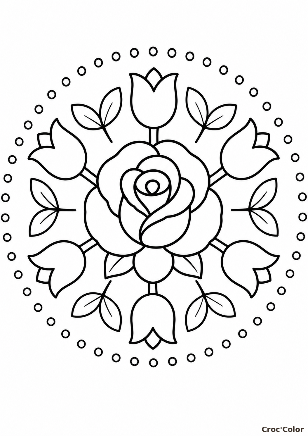Coloriage Mandala Rose et Tulipes Facile - Dessin Rosace Fleurie, Feuilles et Couronne de Perles à Imprimer Gratuit