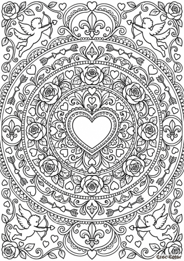 Coloriage Mandala Saint-Valentin Amour Difficile - Dessin Cœur Central, Anges Cupidons, Roses et Fleurs de Lys à Imprimer Gratuit