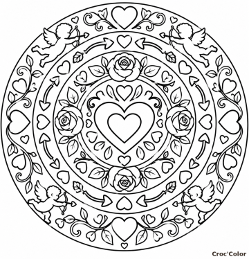 Coloriage Mandala Saint-Valentin Cupidons Moyen – Dessin Cœur Central, Anges Ailés, Roses et Flèches à Imprimer Gratuit