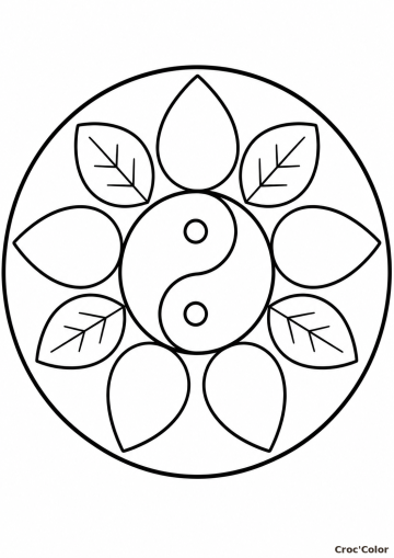 Coloriage Mandala Yin Yang Facile - Dessin Fleur de Lotus, Pétales et Symbole Zen à Imprimer Gratuit