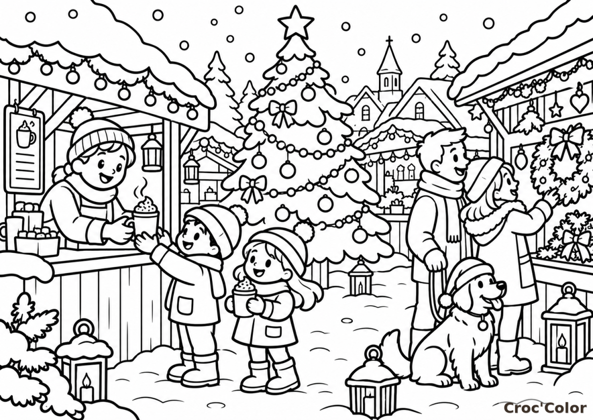 Coloriage Marché de Noël Festif Difficile - Dessin Chalets en Bois, Chocolat Chaud, Grand Sapin et Chien à Imprimer Gratuit