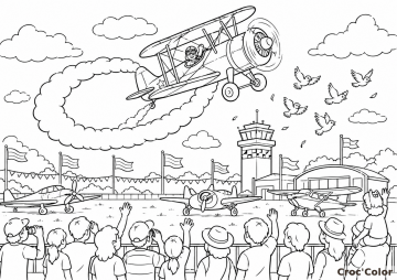 Coloriage Meeting Aérien et Avions - Dessin Biplan de Voltige et Public à Imprimer Gratuit