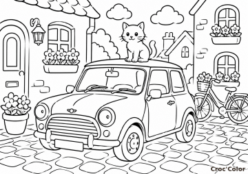 Coloriage Mini Cooper et Petit Chat - Dessin Voiture Vintage et Vélo dans la Rue à Imprimer Gratuit