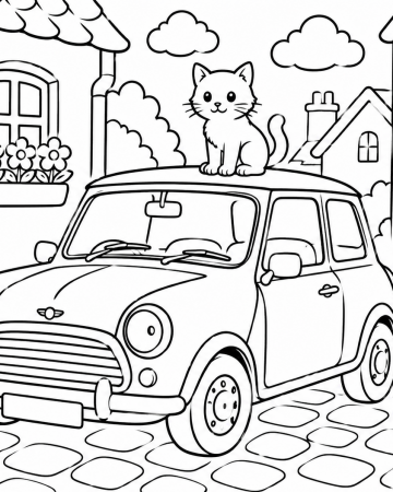 Coloriage Mini Cooper et Petit Chat - Dessin Voiture Vintage et Vélo dans la Rue à Imprimer Gratuit