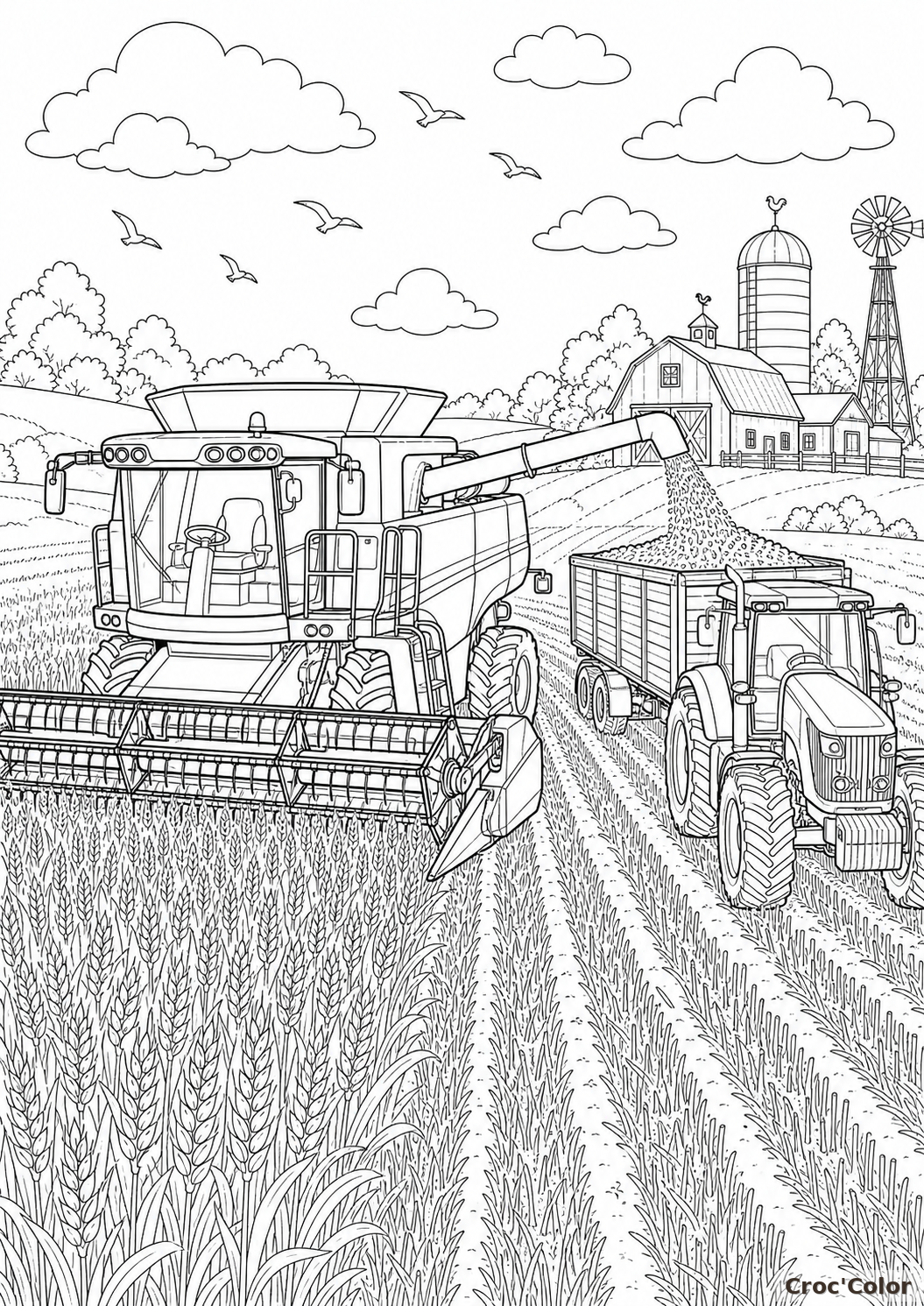 Coloriage moissonneuse-batteuse dans un champ de blé à imprimer