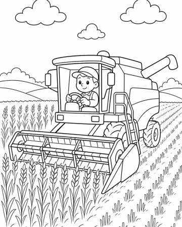 Coloriage Moissonneuse-Batteuse à la Ferme : Dessin de Moisson Facile à Imprimer
