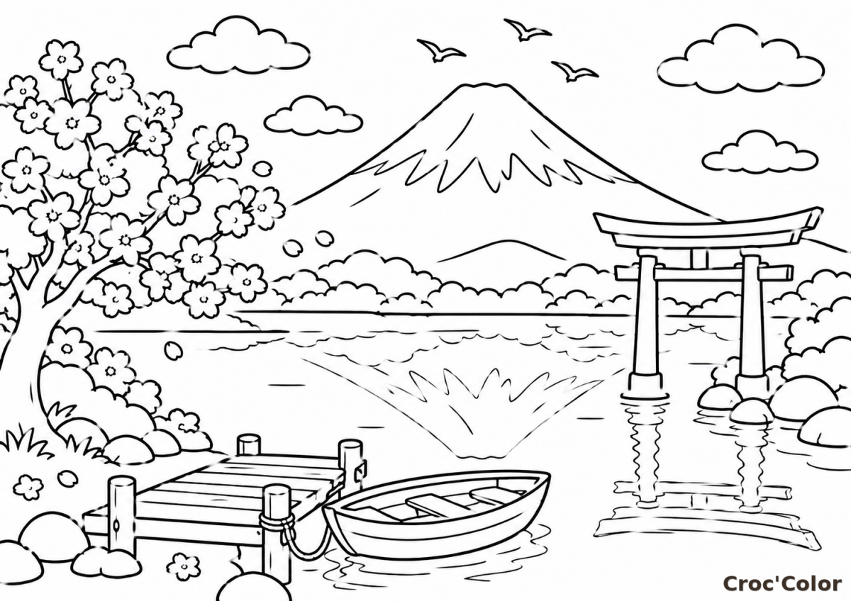 Coloriage Mont Fuji et Cerisier en Fleurs - Dessin Japon, Torii, Barque, Lac et Cerisier Japonais à Imprimer Gratuit