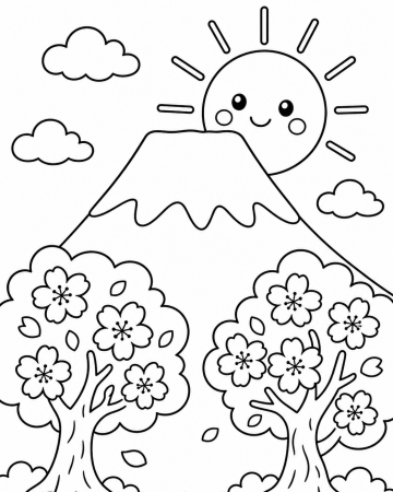 Coloriage Mont Fuji facile - paysage japonais à imprimer