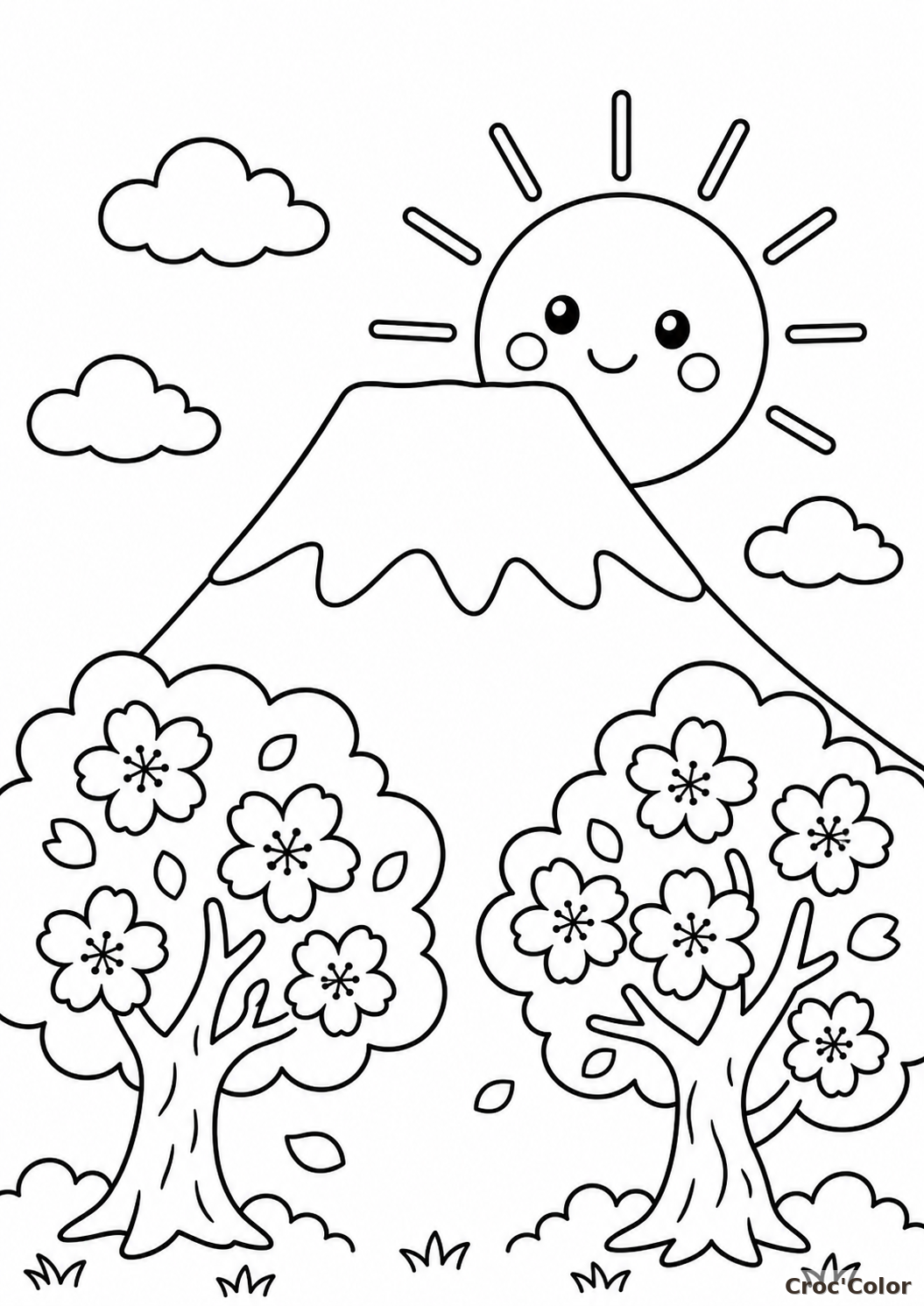Coloriage Mont Fuji facile - paysage japonais à imprimer