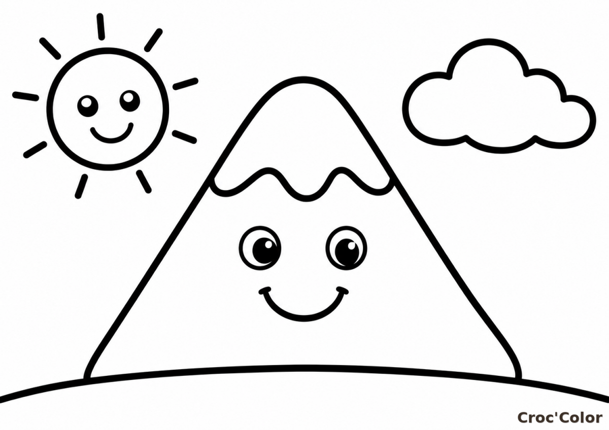 Coloriage Montagne Rigolote et Soleil Maternelle - Dessin Paysage Kawaii Facile à Imprimer Gratuit