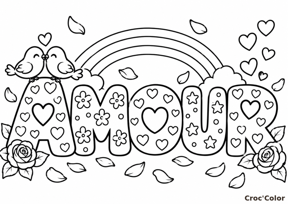 Coloriage Mot AMOUR Saint-Valentin - Dessin Lettres à Motifs, Oiseaux Amoureux, Arc-en-ciel, Roses et Cœurs à Imprimer Gratuit