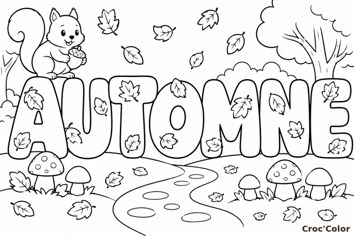 Coloriage Mot AUTOMNE Facile - Dessin Saison Automne, Écureuil et Champignons à Imprimer Gratuit