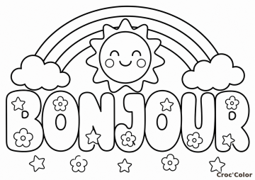 Coloriage Mot BONJOUR Facile Maternelle - Dessin Éducatif Lettres et Soleil à Imprimer Gratuit