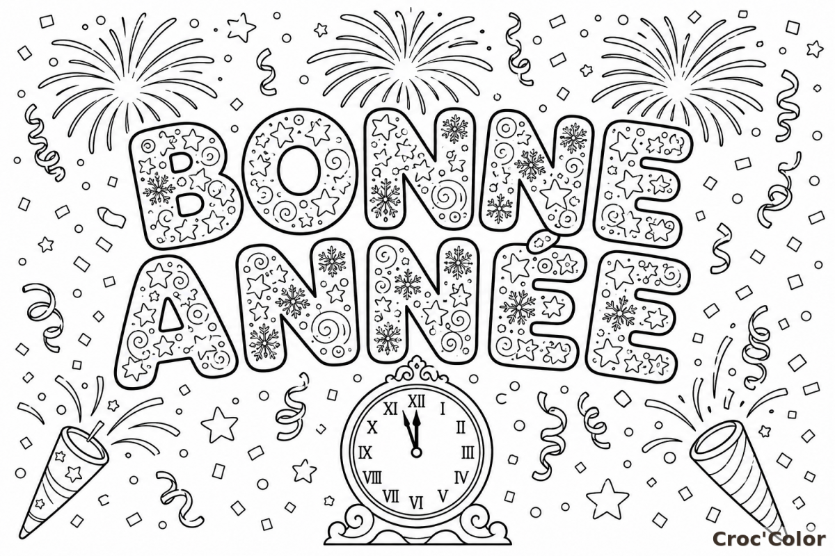 Coloriage Mot BONNE ANNÉE Facile - Dessin Nouvel An Horloge Minuit et Feux d'Artifice à Imprimer Gratuit