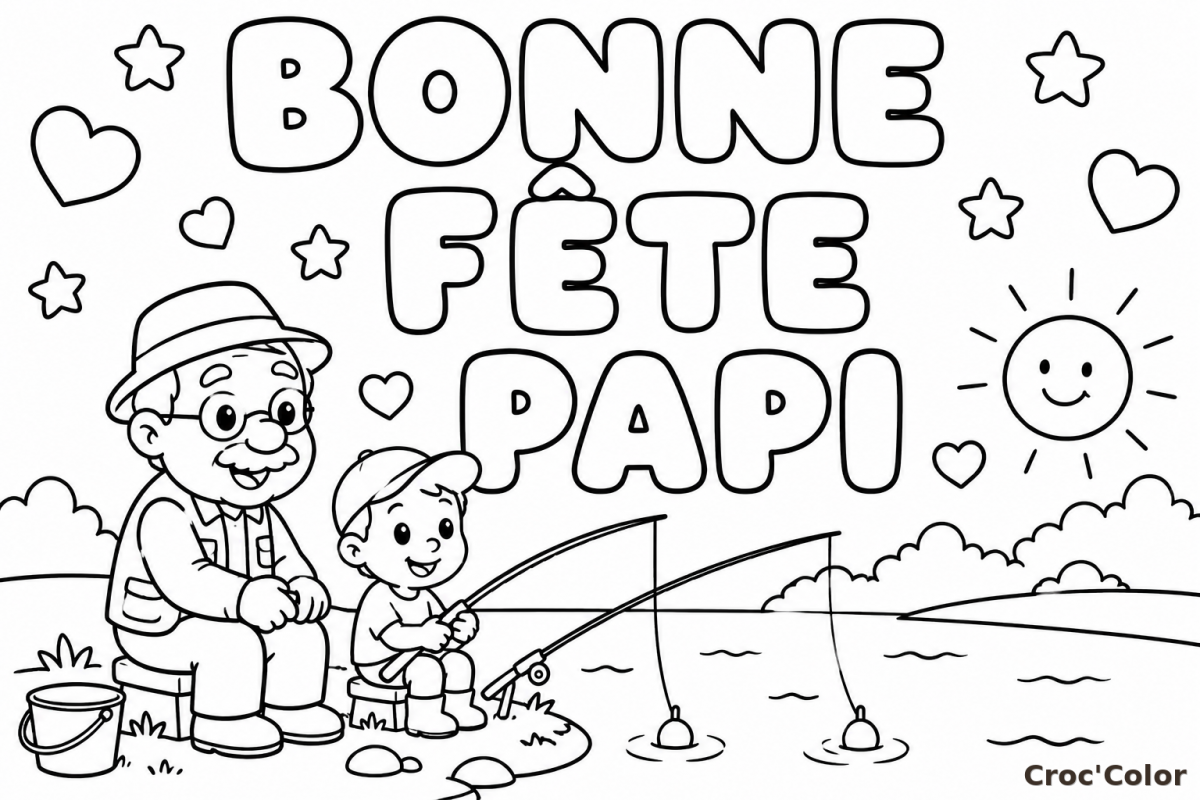 Coloriage Mot BONNE FÊTE PAPI Facile - Dessin Fête des Grands-Pères Papi et Petit-Fils à la Pêche à Imprimer Gratuit