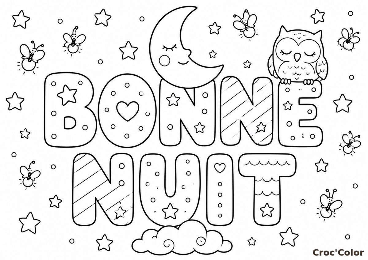 Coloriage Mot BONNE NUIT Facile Maternelle - Dessin Éducatif Lettres et Chouette à Imprimer Gratuit