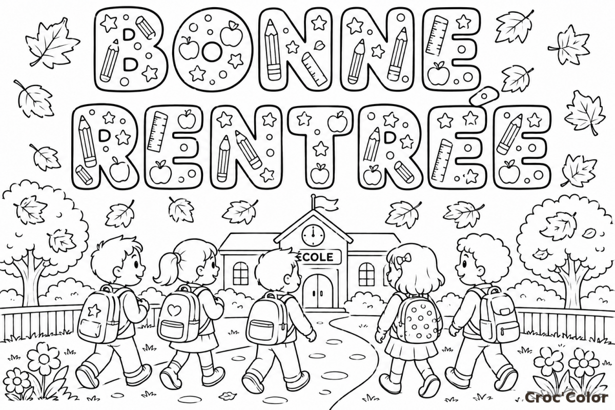 Coloriage Mot BONNE RENTRÉE Facile - Dessin École, Écoliers et Crayons à Imprimer Gratuit