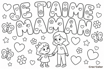 Coloriage Mot JE T'AIME MAMAN Facile - Dessin Fête des Mères Maman et Fille à Imprimer Gratuit