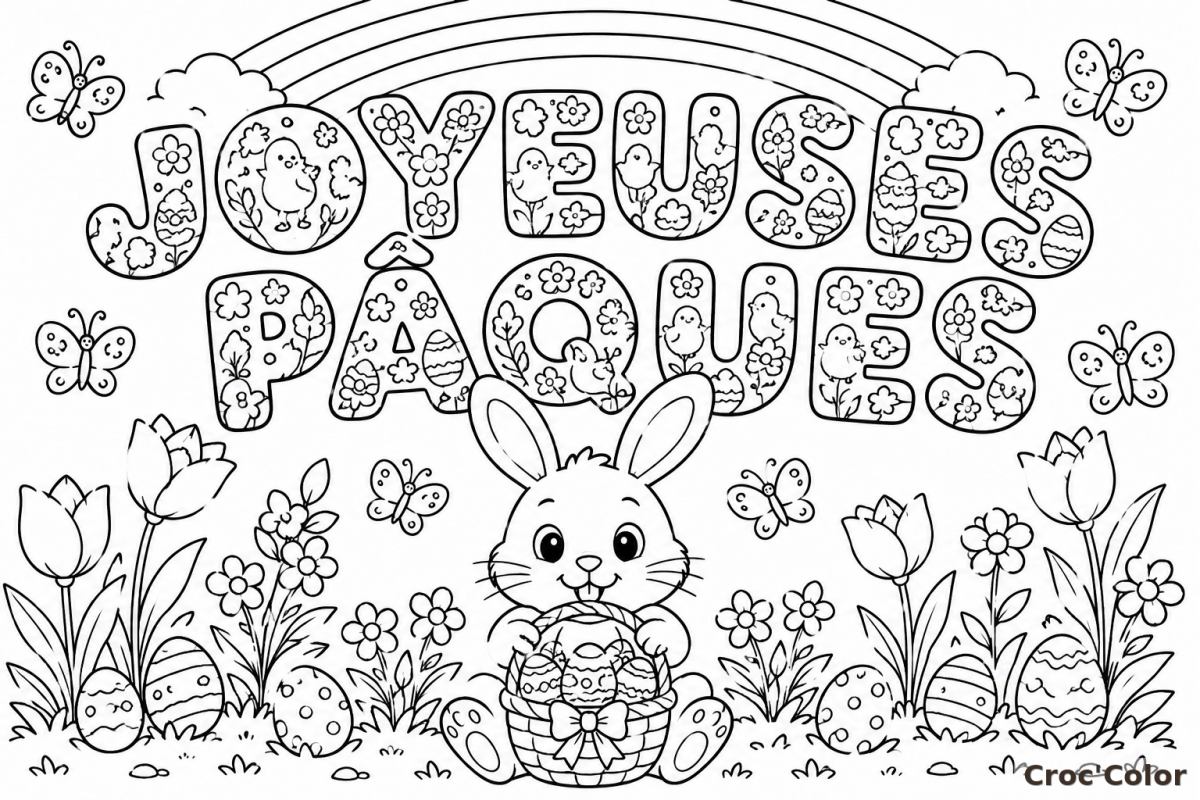 Coloriage Mot JOYEUSES PÂQUES Facile - Dessin Pâques Lapin, Panier et Œufs à Imprimer Gratuit