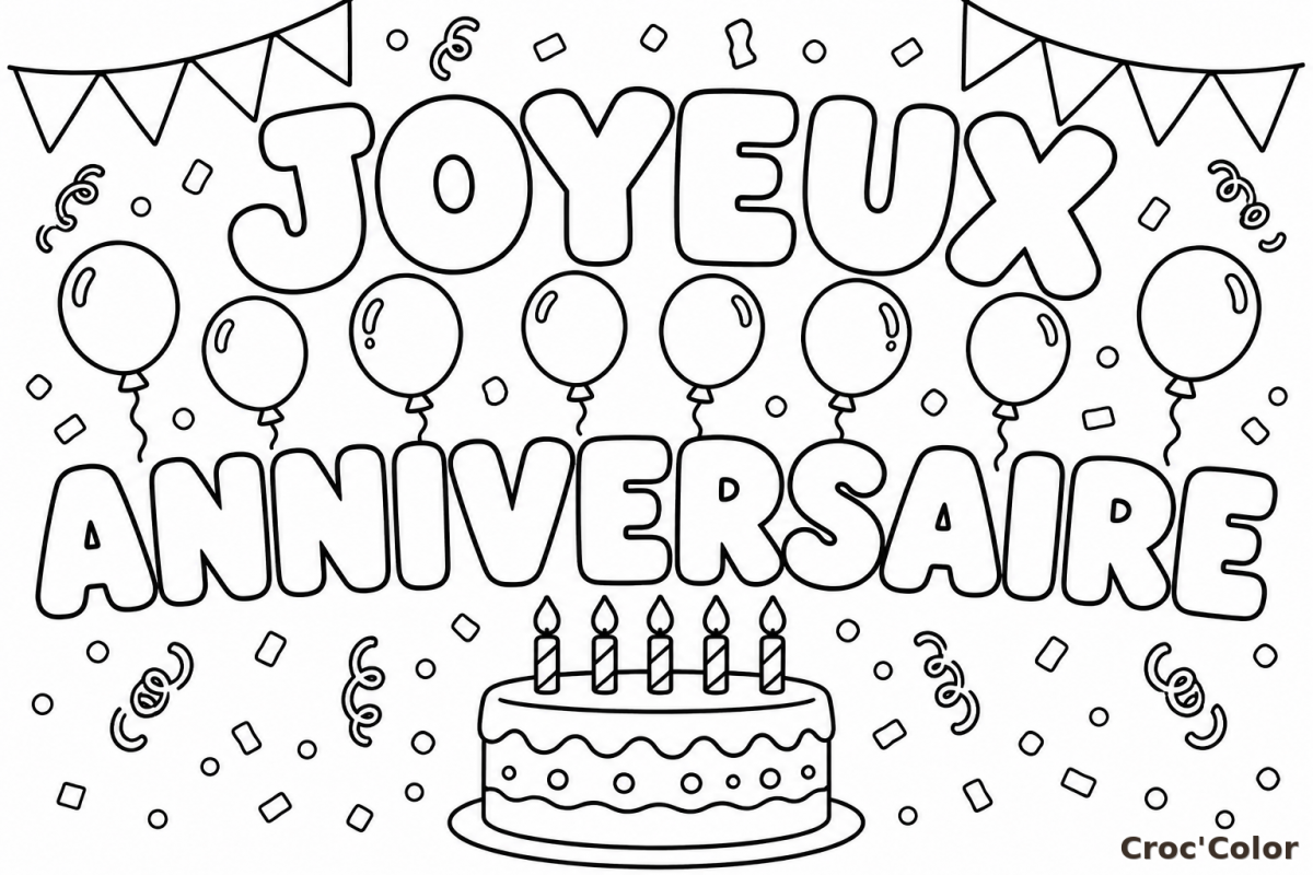 Coloriage Mot JOYEUX ANNIVERSAIRE Facile - Dessin Fête Gâteau d'Anniversaire et Ballons à Imprimer Gratuit