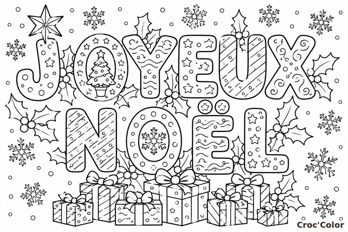 Coloriage Mot JOYEUX NOËL Facile - Dessin Noël Sapin Cadeaux et Flocons à Imprimer Gratuit