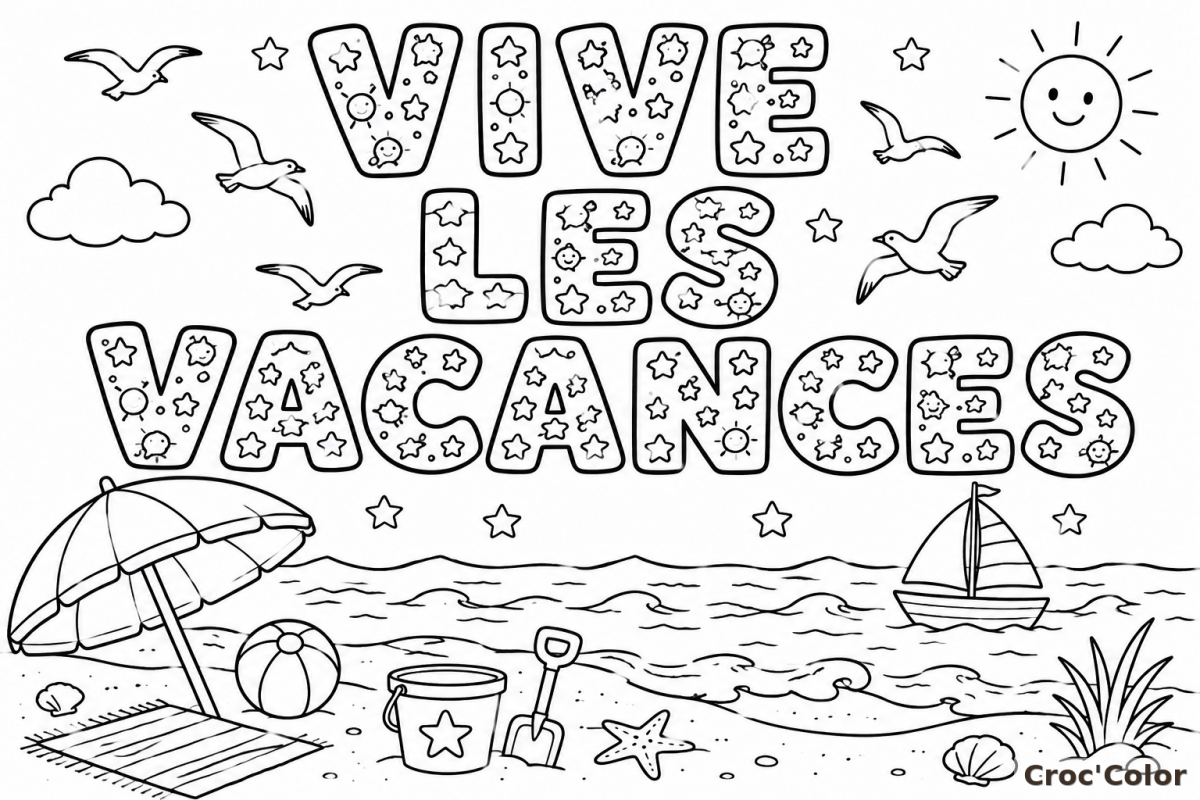 Coloriage Mot VIVE LES VACANCES Facile - Dessin Été Plage Mer et Soleil à Imprimer Gratuit