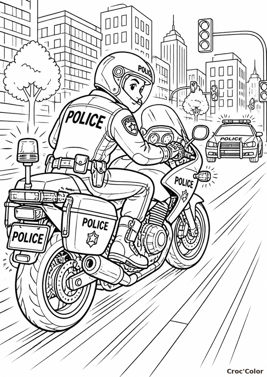 Coloriage Moto de Police en Ville - Dessin Intervention et Vitesse à Imprimer