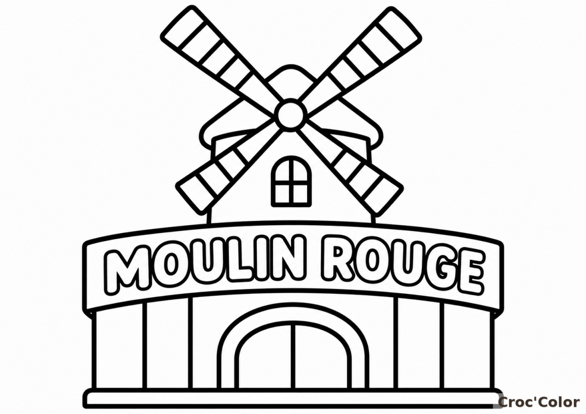 Coloriage Moulin Rouge Paris Facile Maternelle - Dessin Cabaret Célèbre, Moulin et Enseigne à Imprimer Gratuit