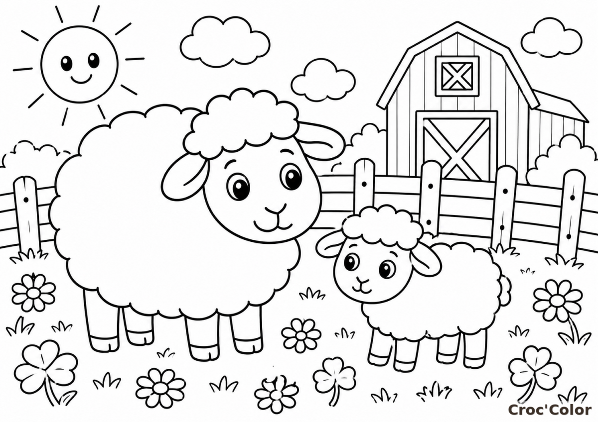 Coloriage Mouton Facile Maternelle - Dessin Brebis et Agneau à la Ferme à Imprimer Gratuit