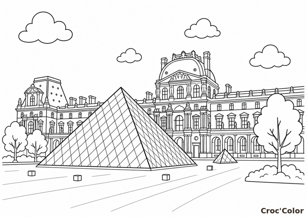 Coloriage Musée du Louvre et Pyramide de Paris - Dessin Architecture à Imprimer